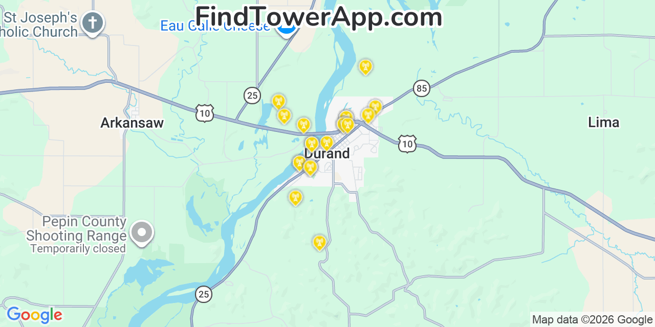 Map showing the 20 primary cell tower locations detected in Durand, Wisconsin from AT&T, Verizon, and T-Mobile networks