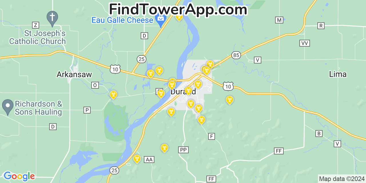 Verizon 4G/5G cell tower coverage map Durand, Wisconsin