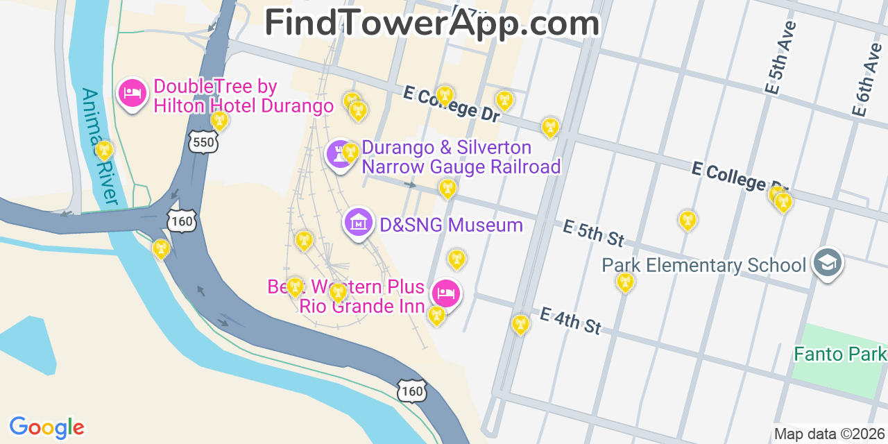 Map showing the 20 primary cell tower locations detected in Durango, Colorado from AT&T, Verizon, and T-Mobile networks