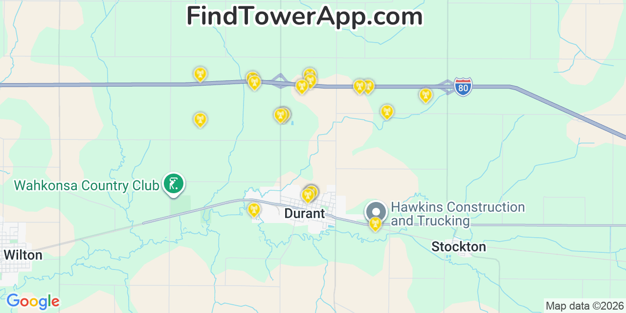 Map showing the 20 primary cell tower locations detected in Durant, Iowa from AT&T, Verizon, and T-Mobile networks