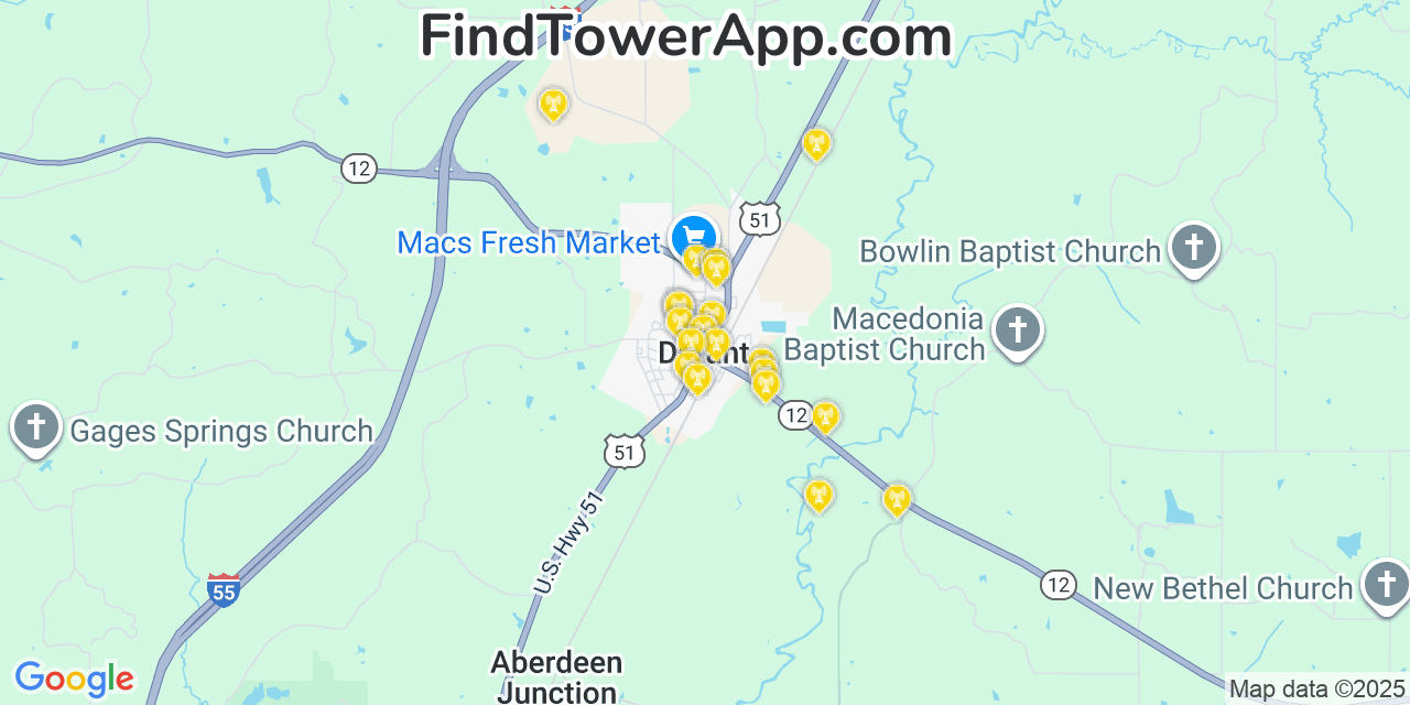 Map showing the 20 primary cell tower locations detected in Durant, Mississippi from AT&T, Verizon, and T-Mobile networks