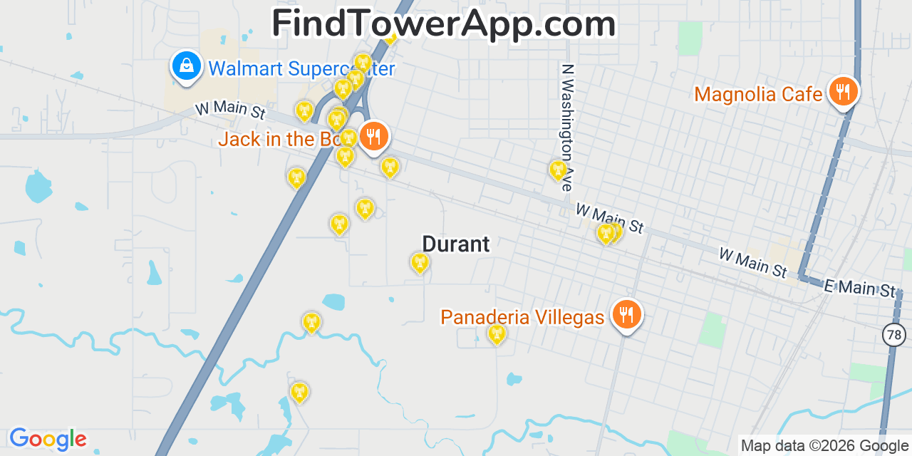 Map showing the 20 primary cell tower locations detected in Durant, Oklahoma from AT&T, Verizon, and T-Mobile networks
