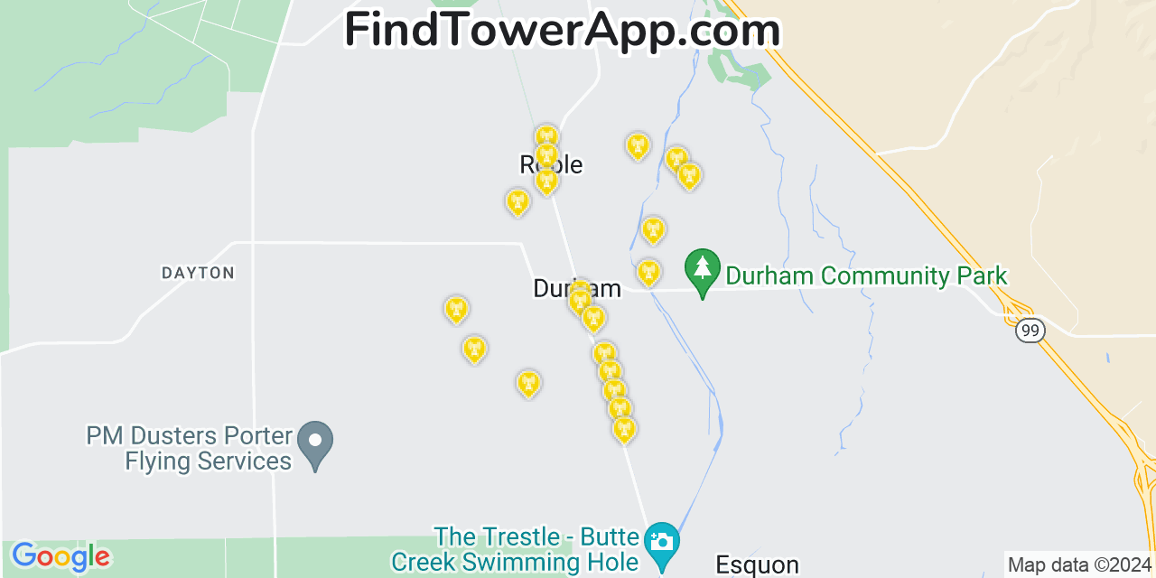 AT&T 4G/5G cell tower coverage map Durham, California