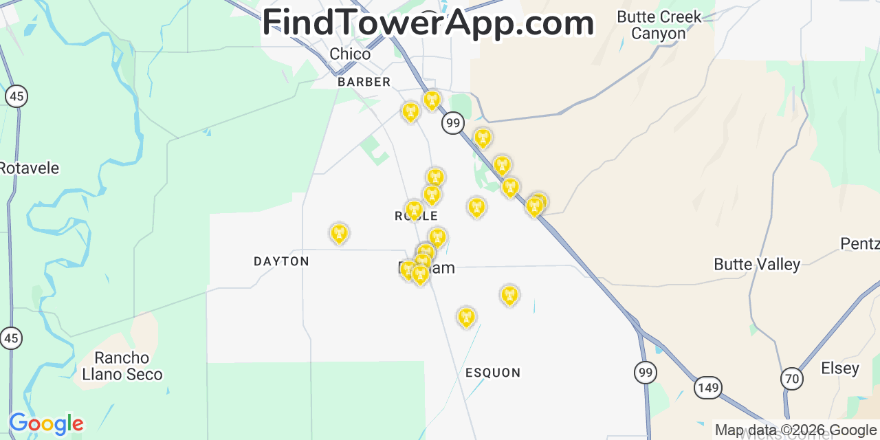 Map showing the 20 primary cell tower locations detected in Durham, California from AT&T, Verizon, and T-Mobile networks