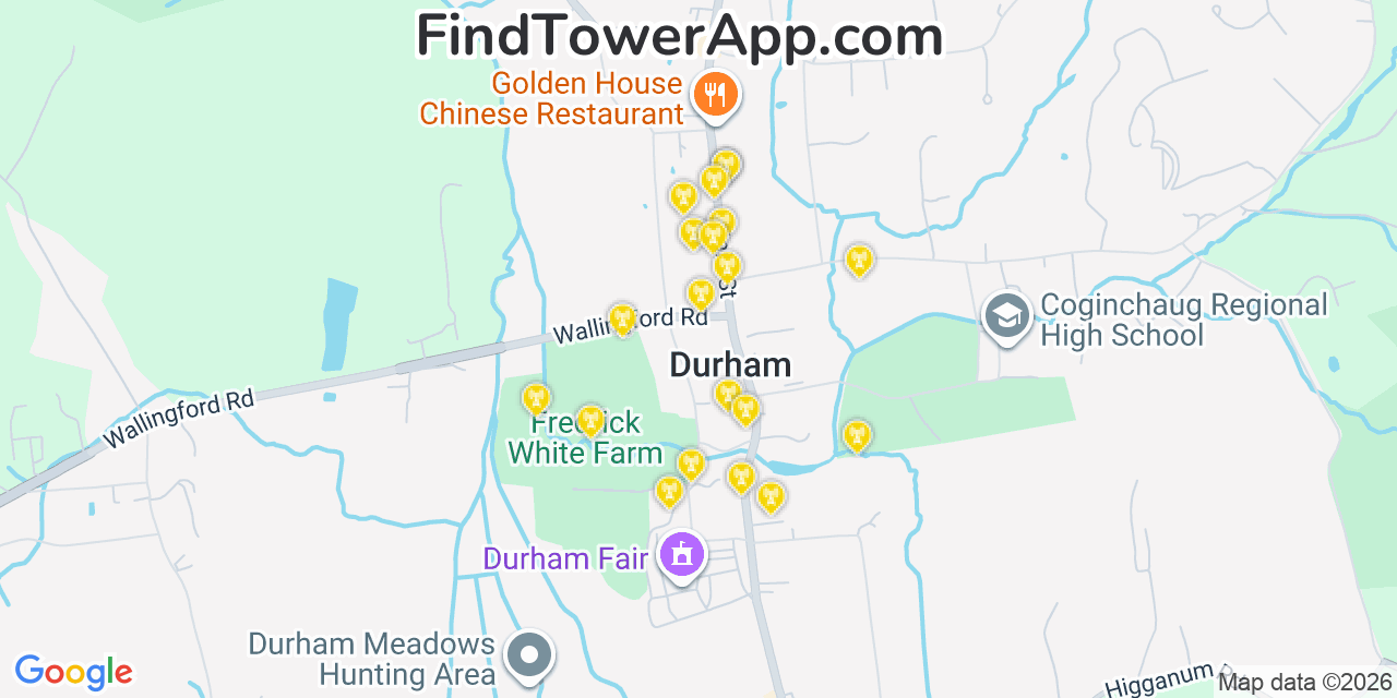 Map showing the 20 primary cell tower locations detected in Durham, Connecticut from AT&T, Verizon, and T-Mobile networks