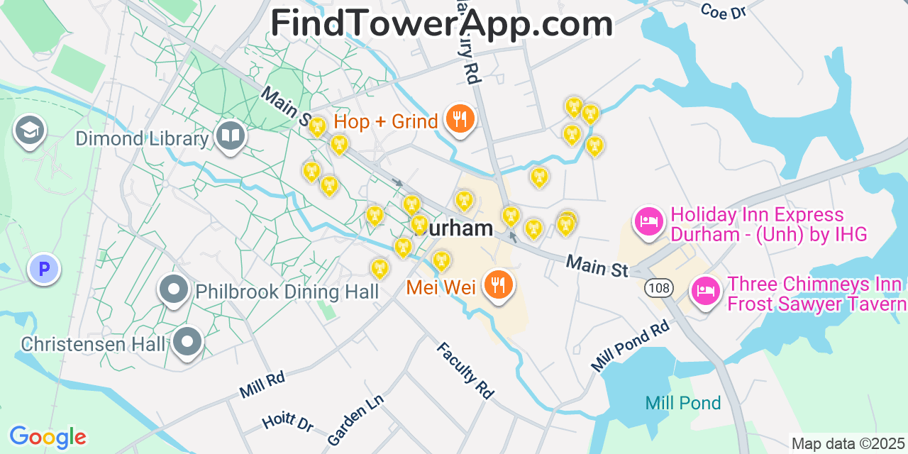 Map showing the 20 primary cell tower locations detected in Durham, New Hampshire from AT&T, Verizon, and T-Mobile networks