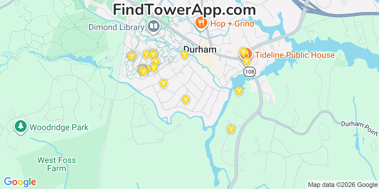Map showing the 20 primary cell tower locations detected in Durham, New Hampshire from AT&T, Verizon, and T-Mobile networks