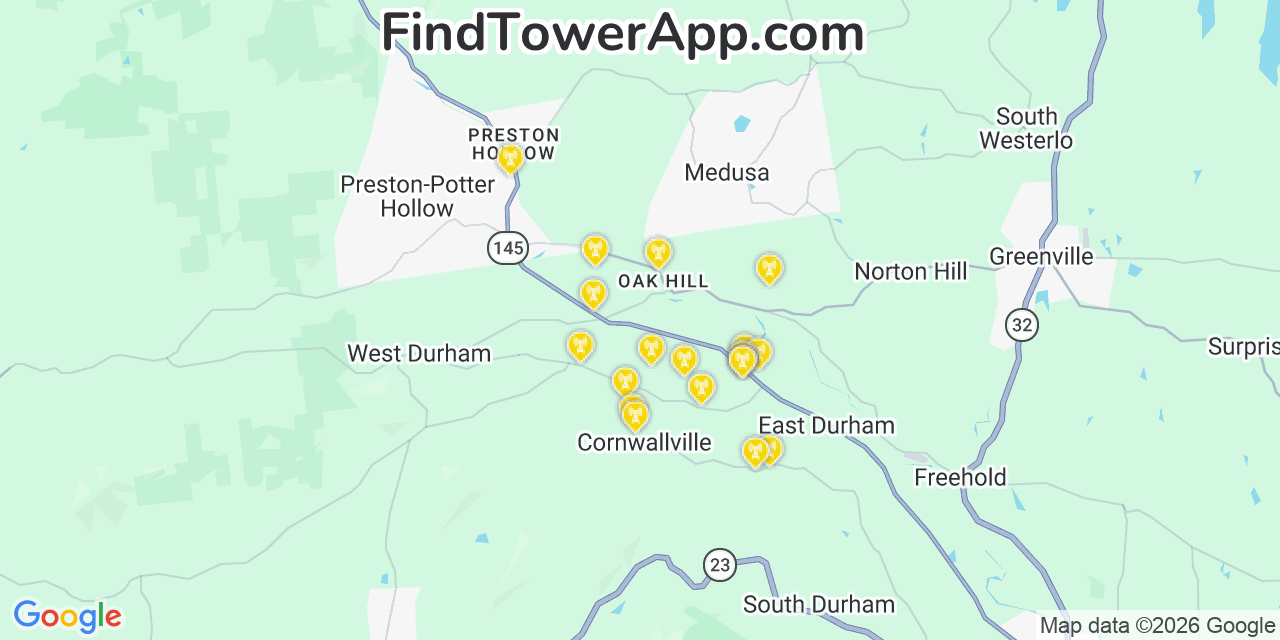 Map showing the 20 primary cell tower locations detected in Durham, New York from AT&T, Verizon, and T-Mobile networks