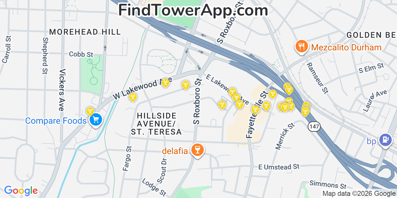 Map showing the 20 primary cell tower locations detected in Durham, North Carolina from AT&T, Verizon, and T-Mobile networks