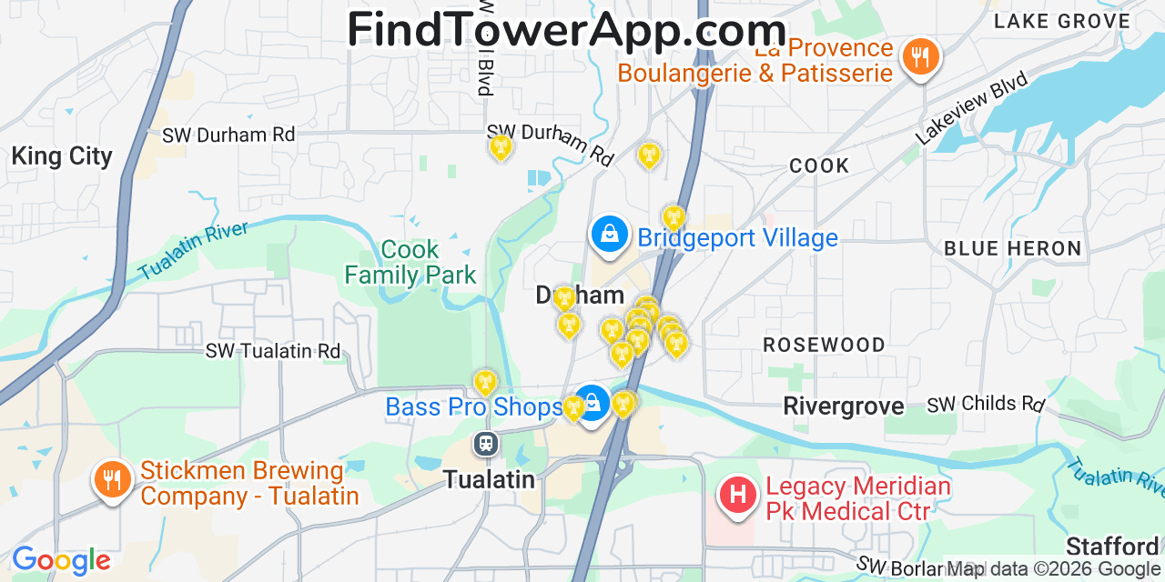 Map showing the 20 primary cell tower locations detected in Durham, Oregon from AT&T, Verizon, and T-Mobile networks