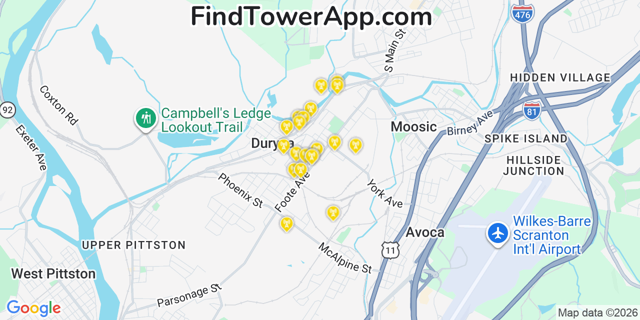 Map showing the 20 primary cell tower locations detected in Duryea, Pennsylvania from AT&T, Verizon, and T-Mobile networks