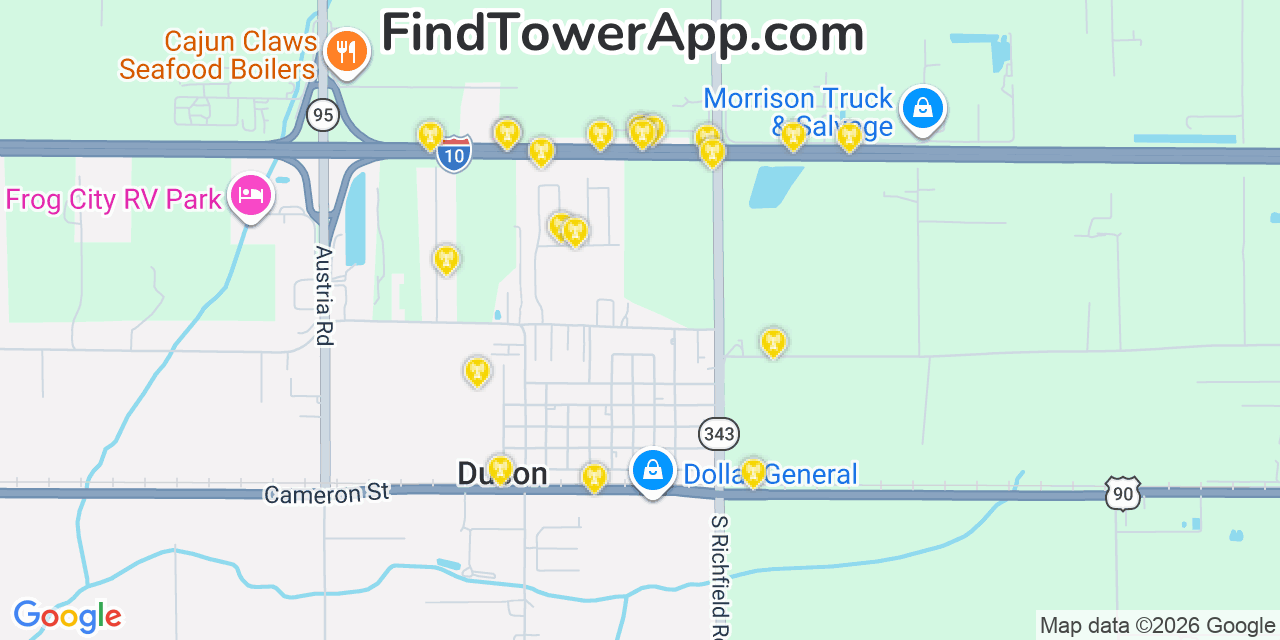 Map showing the 20 primary cell tower locations detected in Duson, Louisiana from AT&T, Verizon, and T-Mobile networks