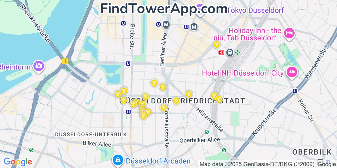 Map showing the 20 primary cell tower locations detected in Düsseldorf, Germany with coverage areas and signal strength