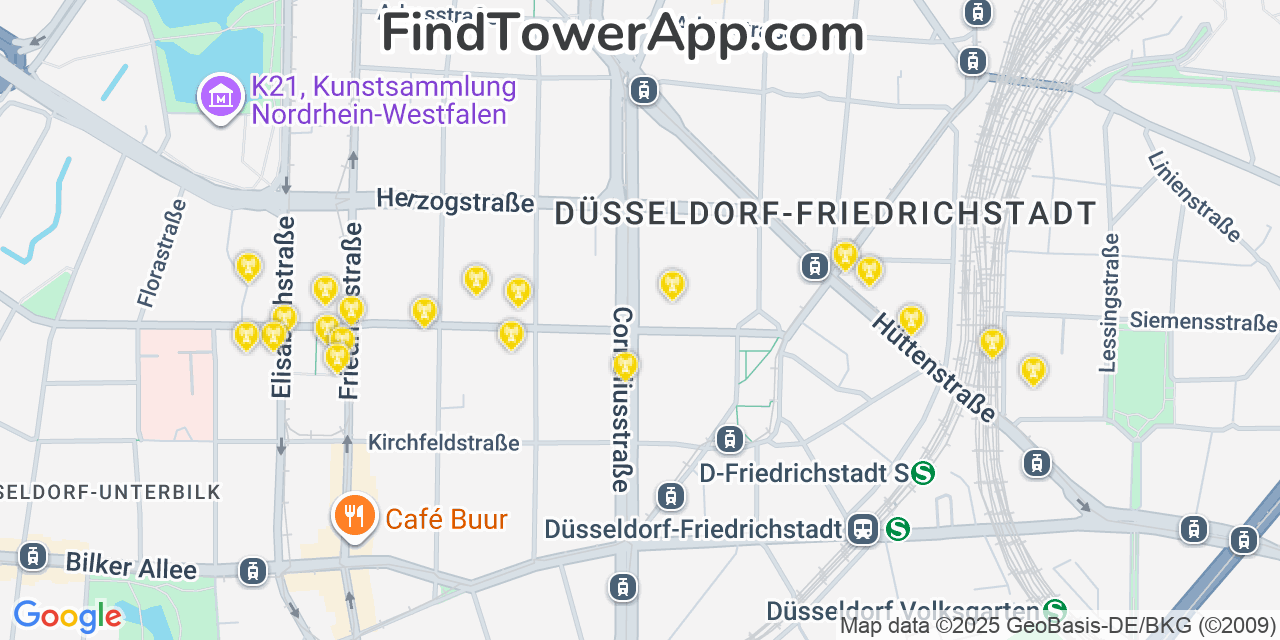 Map showing the 20 primary O2 cell tower locations in Düsseldorf, Germany