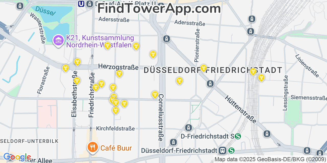 Map showing the 20 primary Telekom cell tower locations in Düsseldorf, Germany