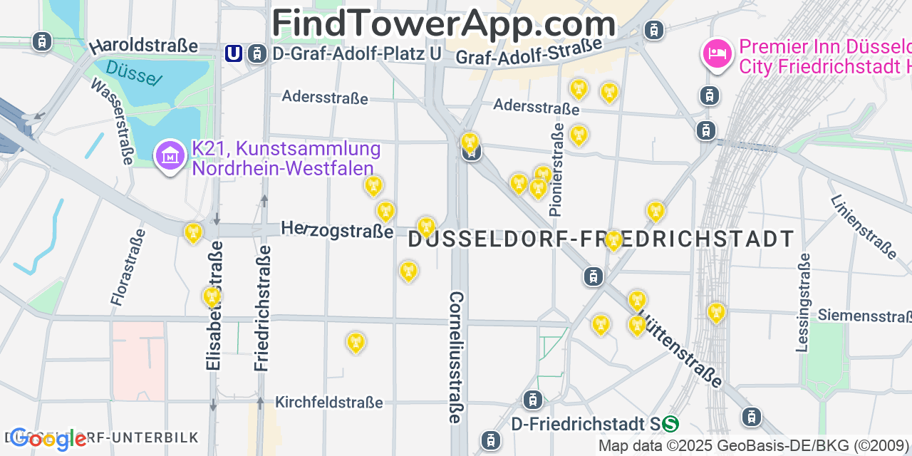 Map showing the 20 primary Vodafone cell tower locations in Düsseldorf, Germany
