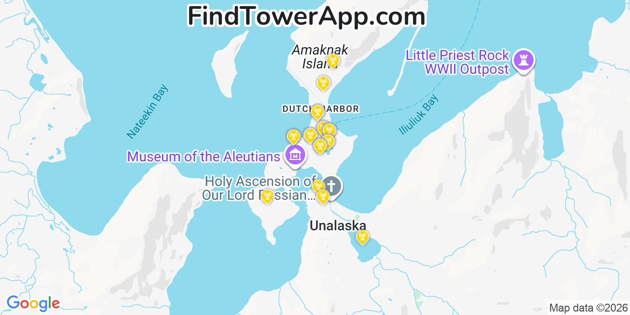 Map showing the 20 primary cell tower locations detected in Dutch Harbor, Alaska from AT&T, Verizon, and T-Mobile networks