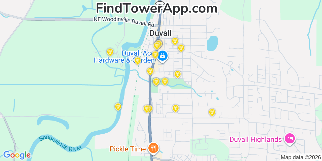 Map showing the 20 primary cell tower locations detected in Duvall, Washington from AT&T, Verizon, and T-Mobile networks