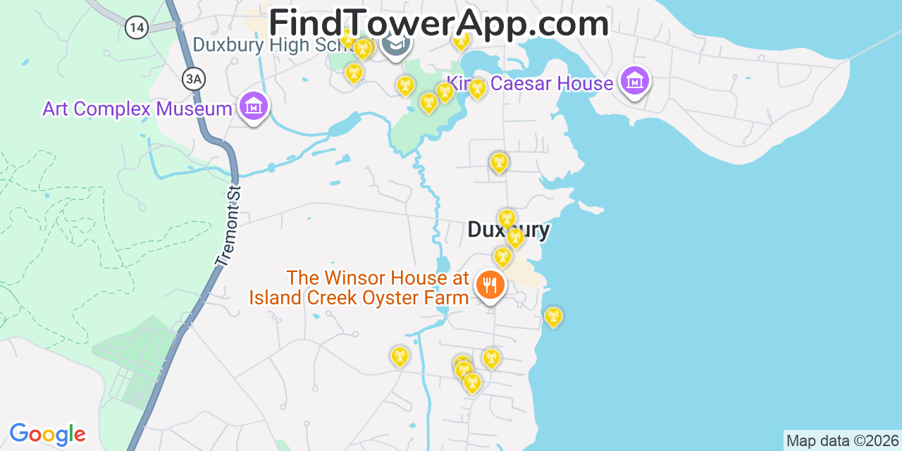 Map showing the 20 primary cell tower locations detected in Duxbury, Massachusetts from AT&T, Verizon, and T-Mobile networks
