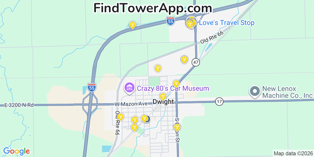 Map showing the 20 primary cell tower locations detected in Dwight, Illinois from AT&T, Verizon, and T-Mobile networks