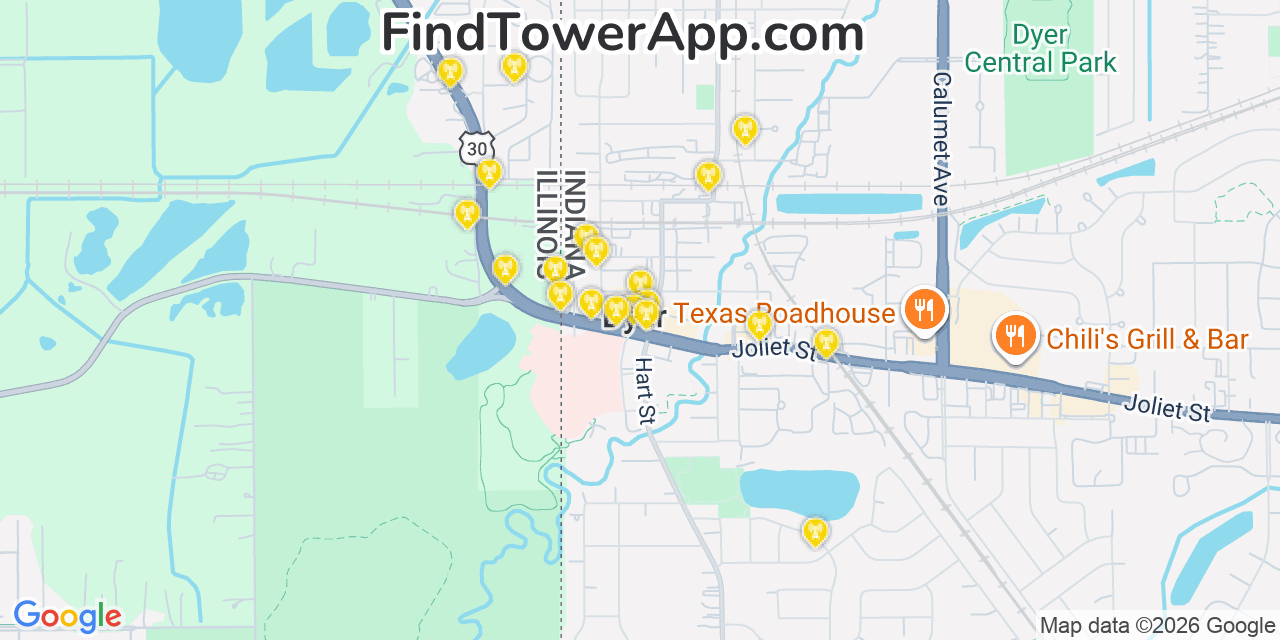 Map showing the 20 primary cell tower locations detected in Dyer, Indiana from AT&T, Verizon, and T-Mobile networks