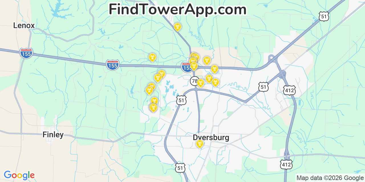 Map showing the 20 primary cell tower locations detected in Dyer, Tennessee from AT&T, Verizon, and T-Mobile networks