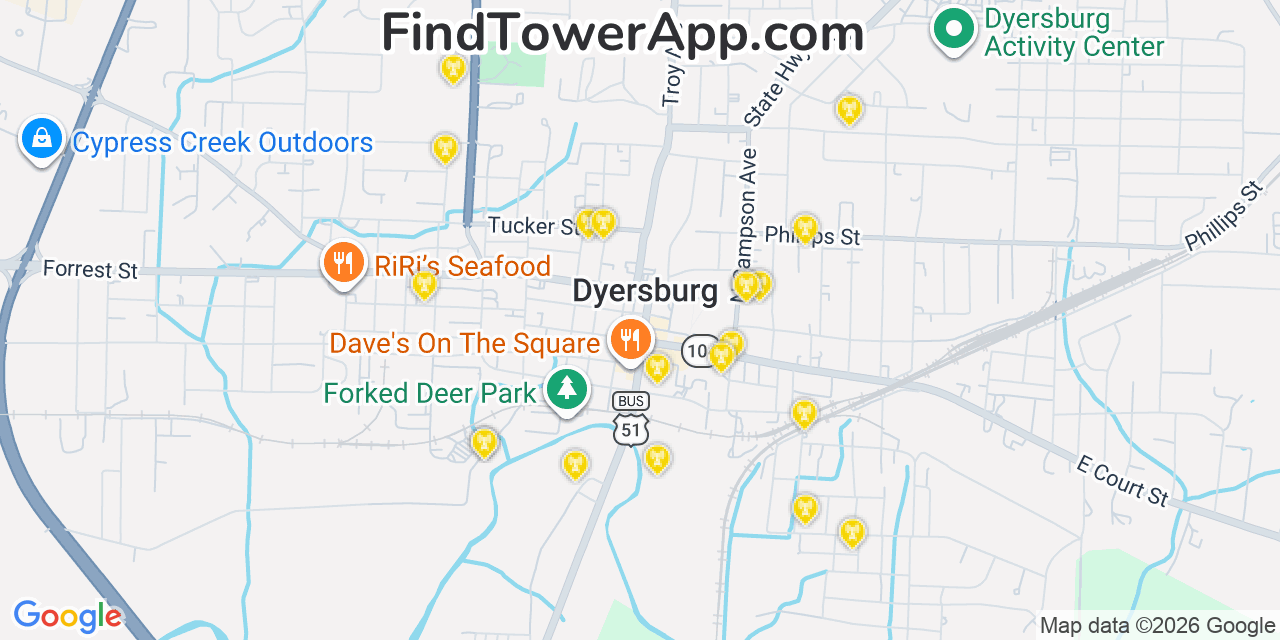 Map showing the 20 primary cell tower locations detected in Dyersburg, Tennessee from AT&T, Verizon, and T-Mobile networks