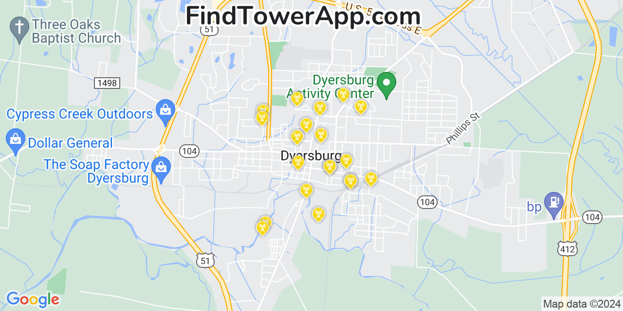 T-Mobile 4G/5G cell tower coverage map Dyersburg, Tennessee