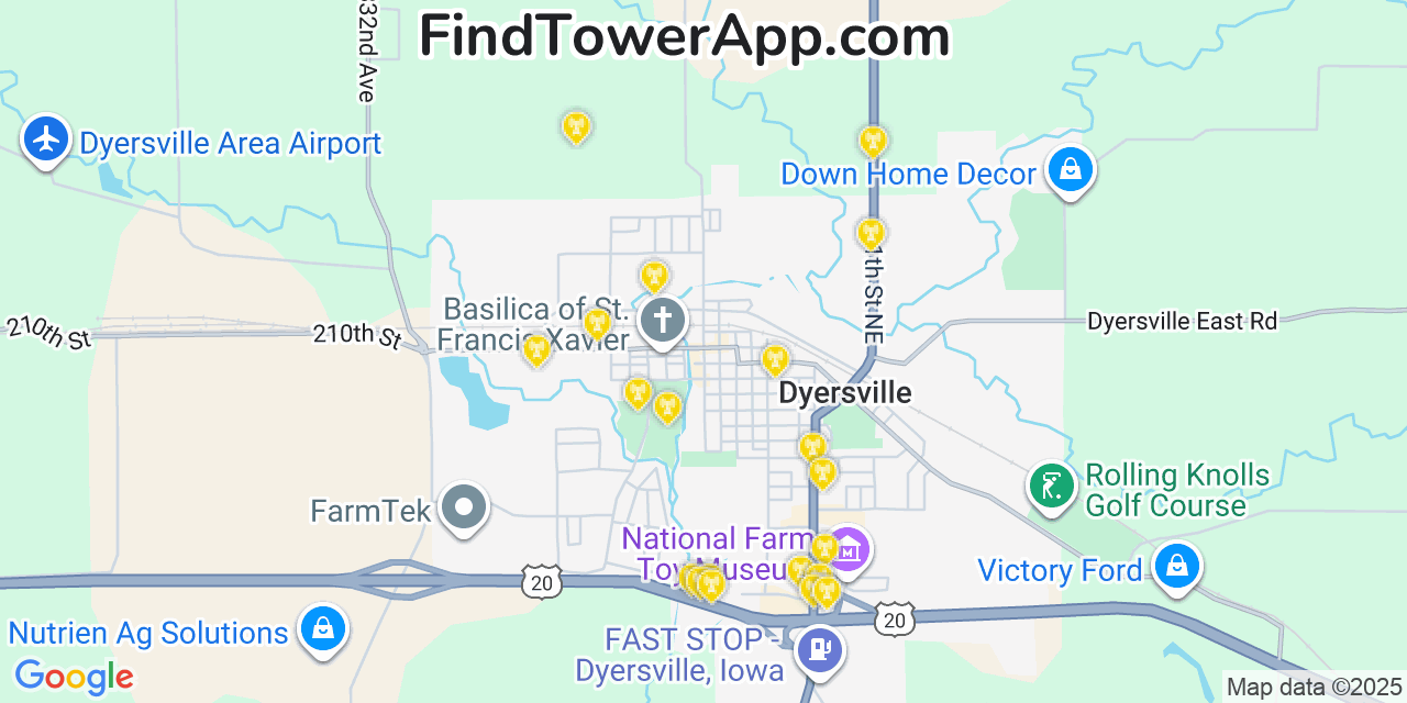 Map showing the 20 primary cell tower locations detected in Dyersville, Iowa from AT&T, Verizon, and T-Mobile networks