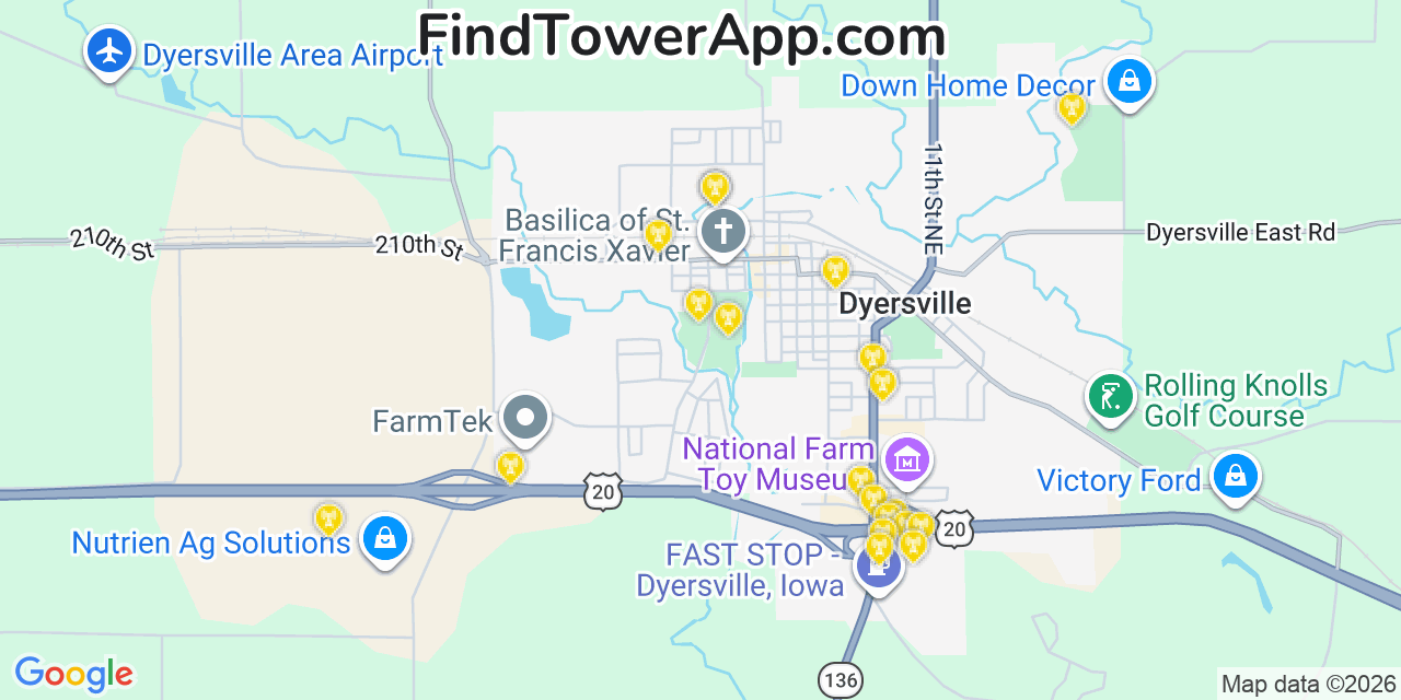 Map showing the 20 primary cell tower locations detected in Dyersville, Iowa from AT&T, Verizon, and T-Mobile networks