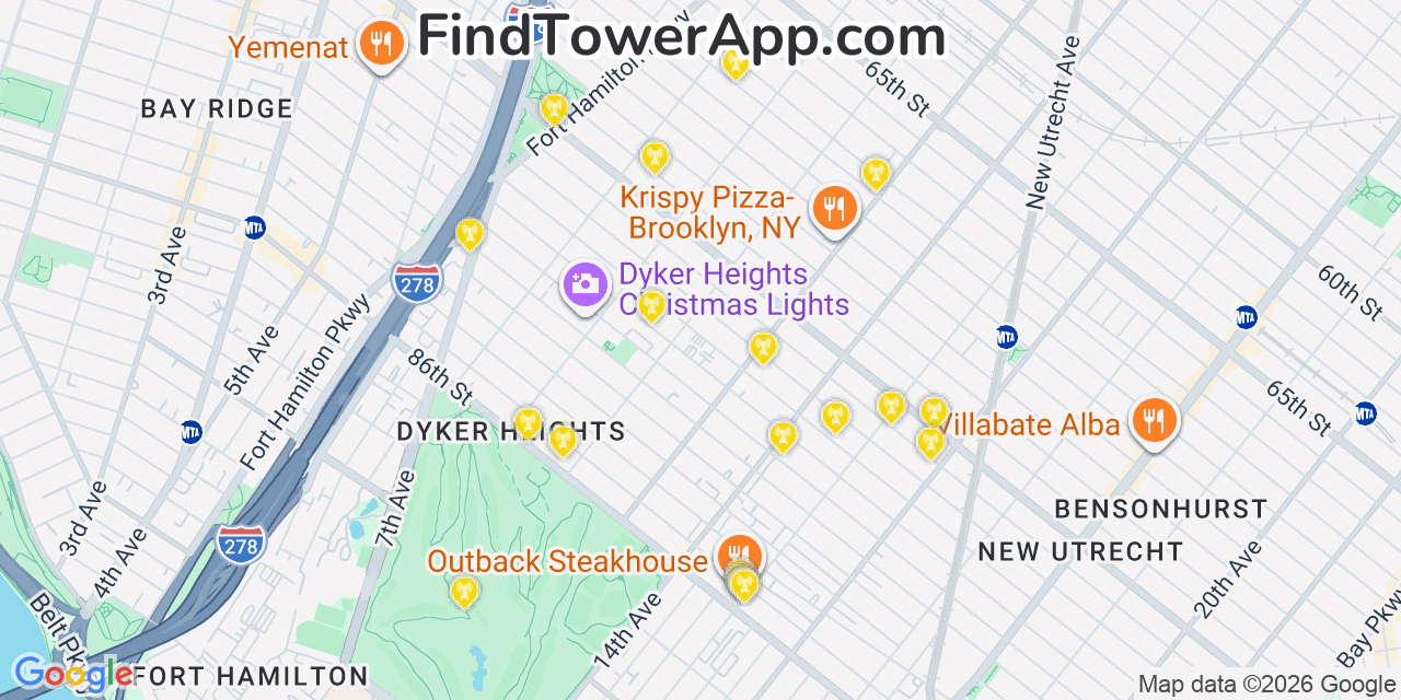 Map showing the 20 primary cell tower locations detected in Dyker Heights, New York from AT&T, Verizon, and T-Mobile networks