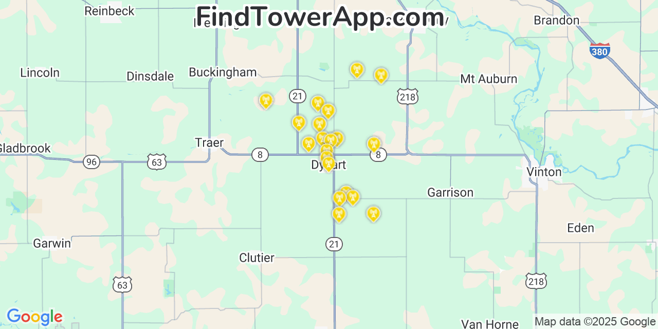 Map showing the 20 primary cell tower locations detected in Dysart, Iowa from AT&T, Verizon, and T-Mobile networks