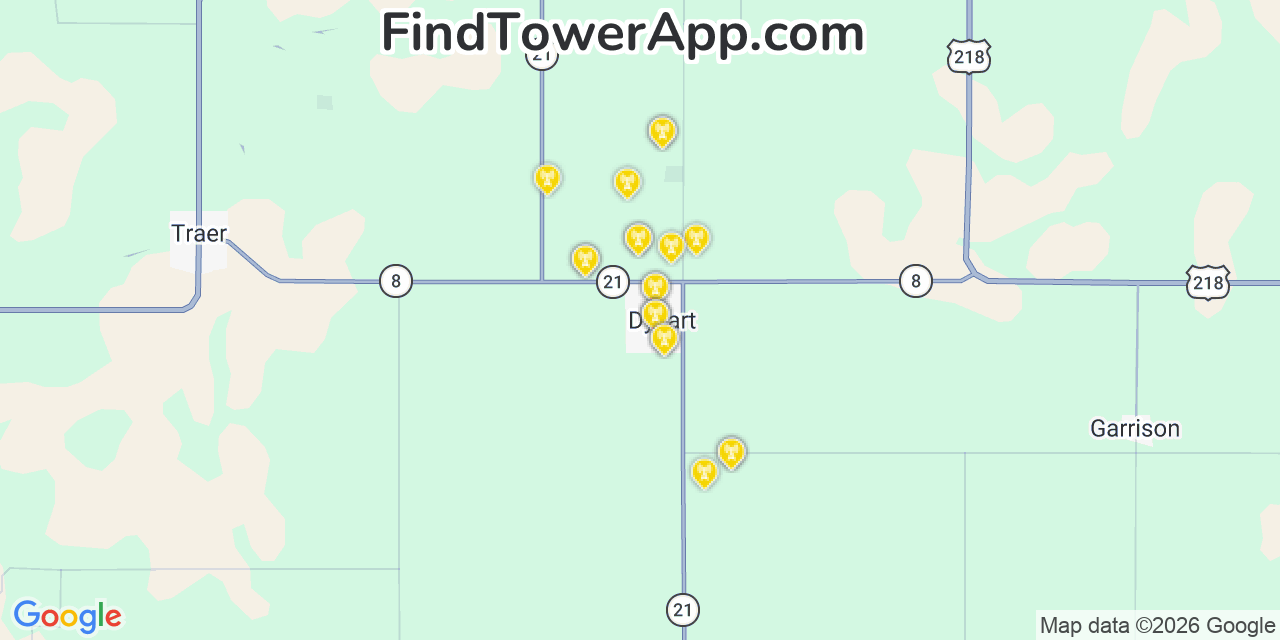 Map showing the 20 primary cell tower locations detected in Dysart, Iowa from AT&T, Verizon, and T-Mobile networks