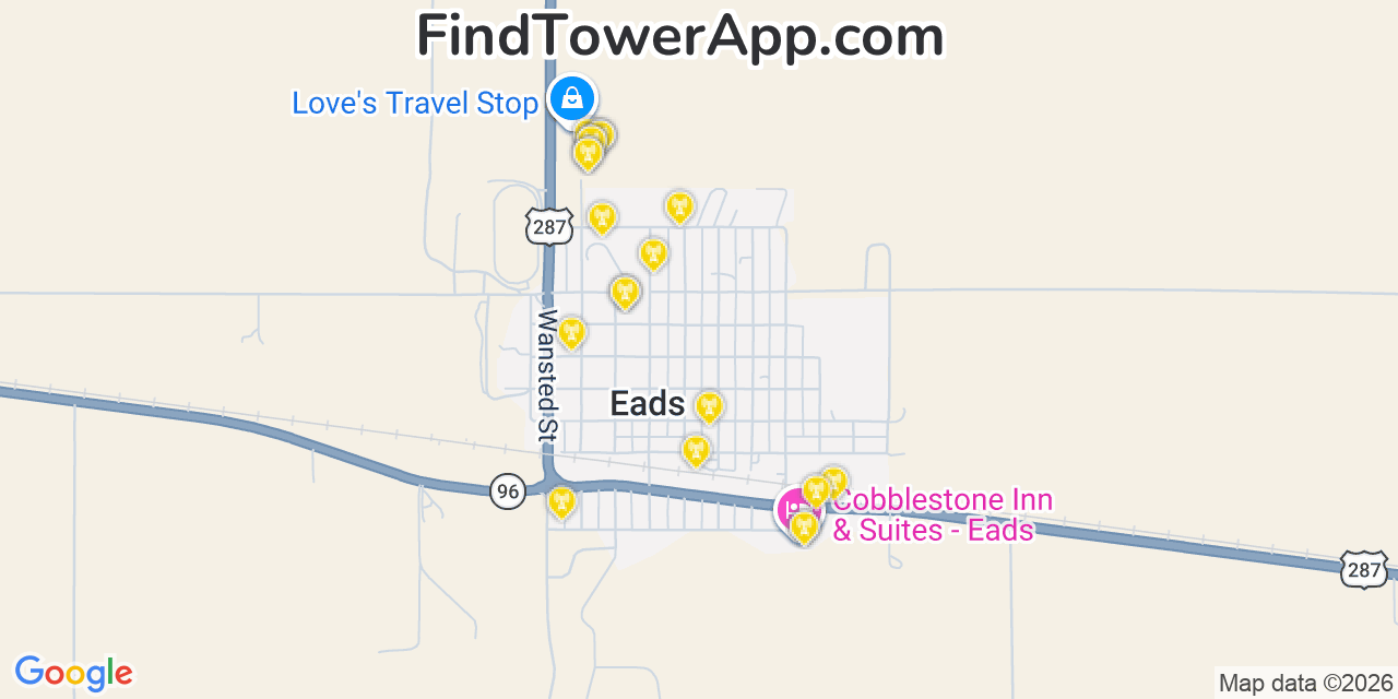 Map showing the 20 primary cell tower locations detected in Eads, Colorado from AT&T, Verizon, and T-Mobile networks