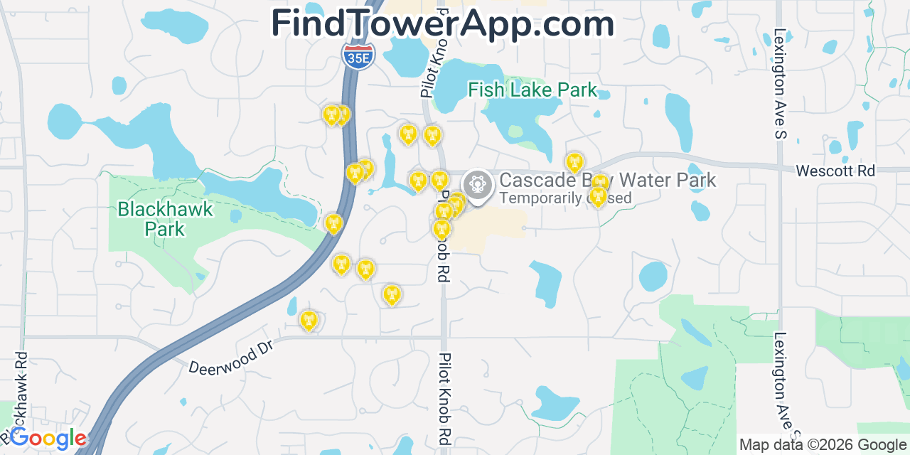 Map showing the 20 primary cell tower locations detected in Eagan, Minnesota from AT&T, Verizon, and T-Mobile networks