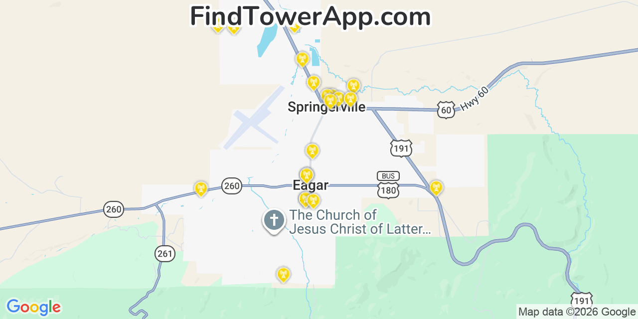 Map showing the 20 primary cell tower locations detected in Eagar, Arizona from AT&T, Verizon, and T-Mobile networks