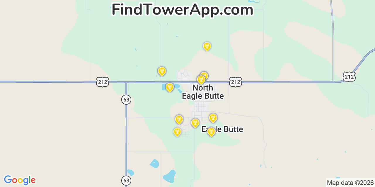 Map showing the 20 primary cell tower locations detected in Eagle Butte, South Dakota from AT&T, Verizon, and T-Mobile networks