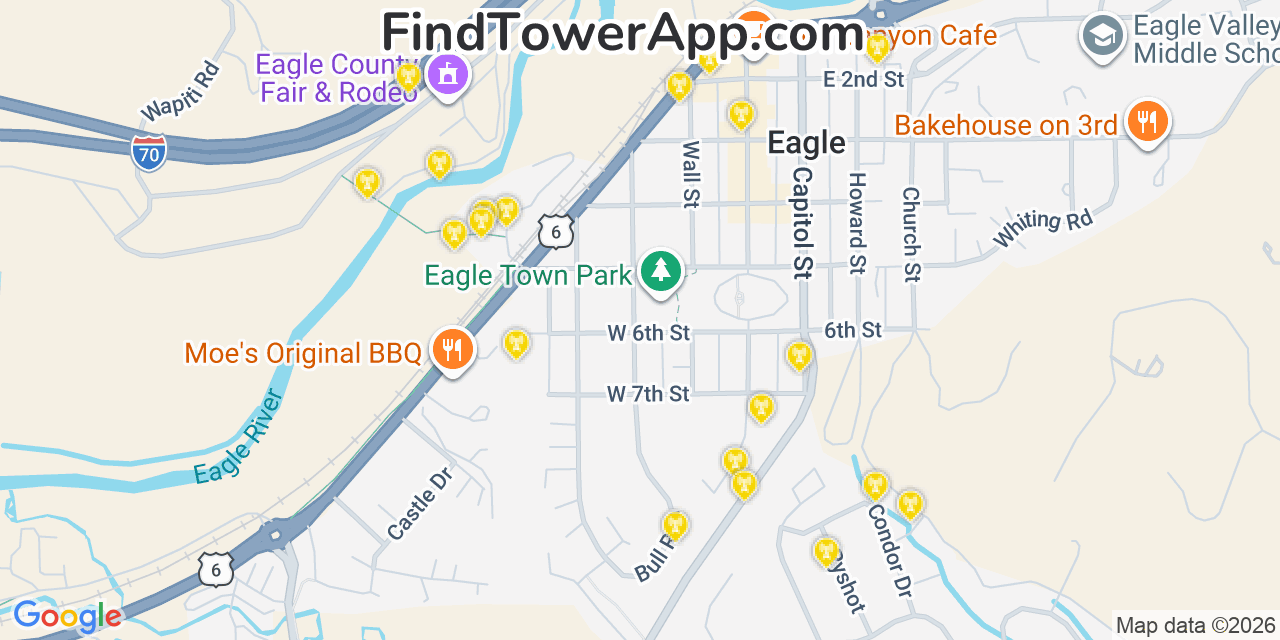 Map showing the 20 primary cell tower locations detected in Eagle, Colorado from AT&T, Verizon, and T-Mobile networks