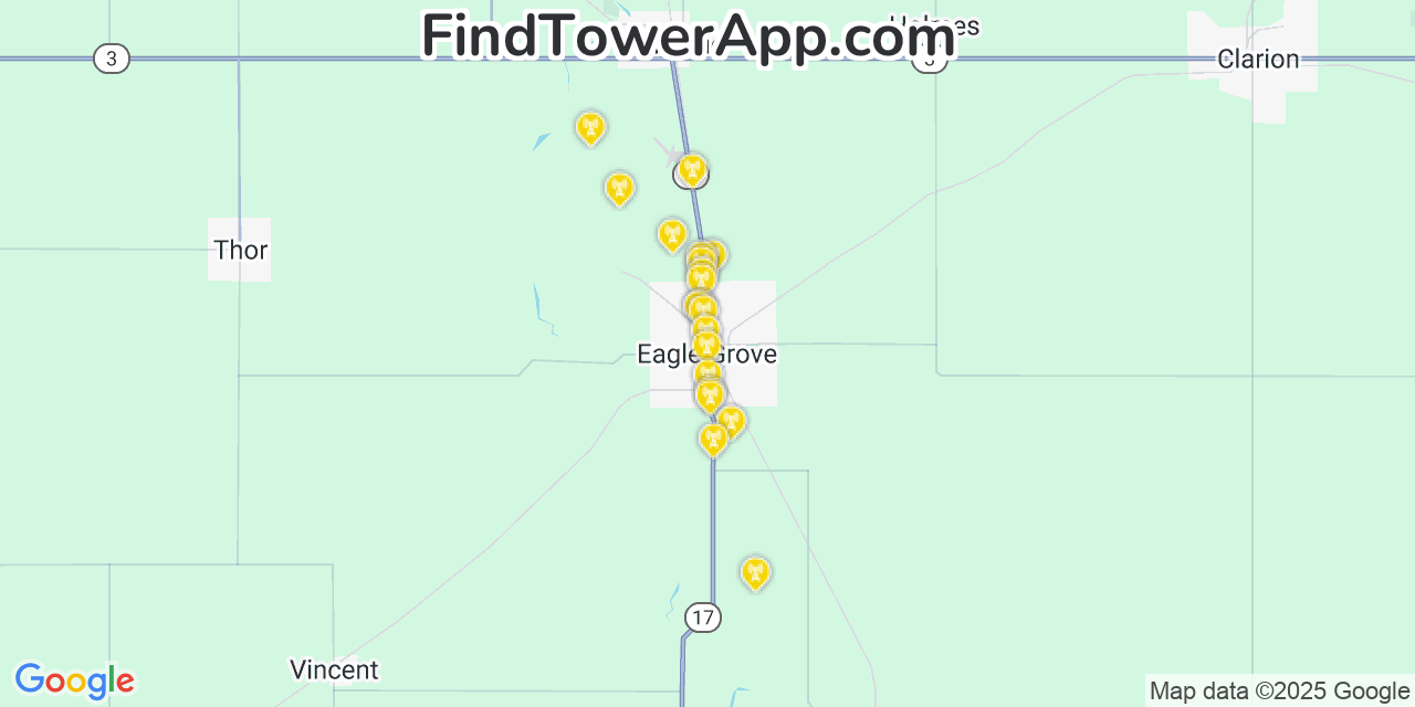 Map showing the 20 primary cell tower locations detected in Eagle Grove, Iowa from AT&T, Verizon, and T-Mobile networks