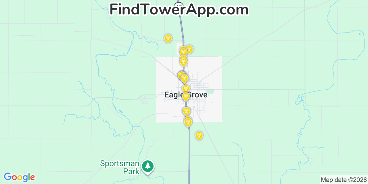 Map showing the 20 primary cell tower locations detected in Eagle Grove, Iowa from AT&T, Verizon, and T-Mobile networks