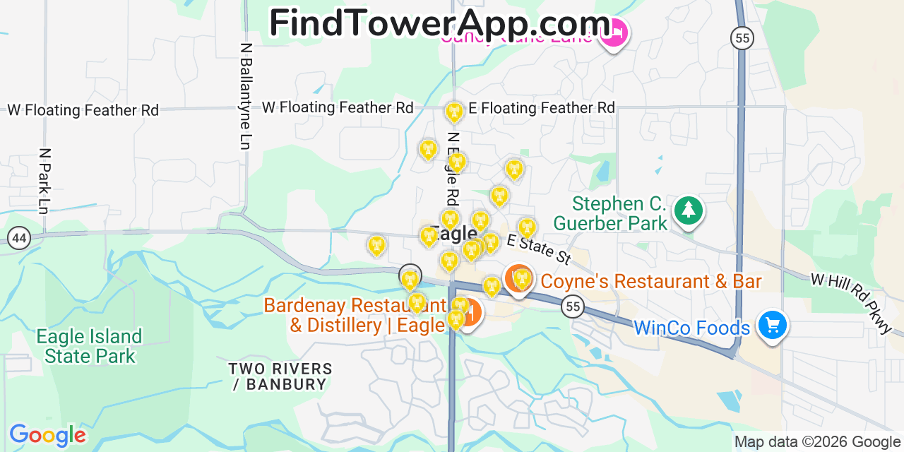 Map showing the 20 primary cell tower locations detected in Eagle, Idaho from AT&T, Verizon, and T-Mobile networks
