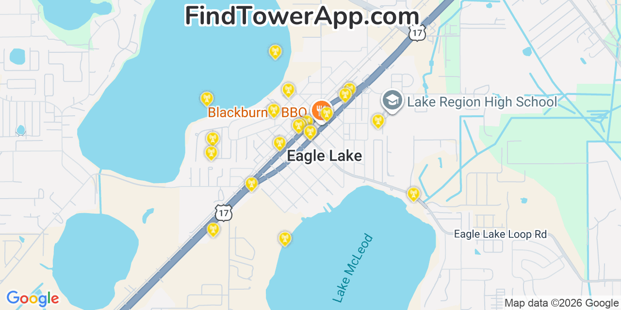 Map showing the 20 primary cell tower locations detected in Eagle Lake, Florida from AT&T, Verizon, and T-Mobile networks