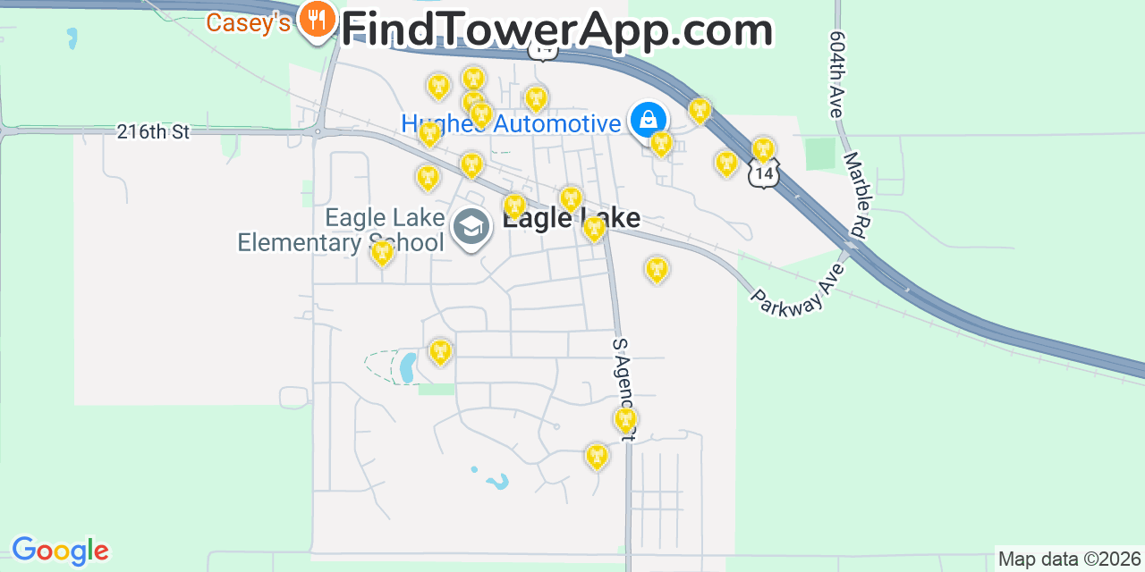 Map showing the 20 primary cell tower locations detected in Eagle Lake, Minnesota from AT&T, Verizon, and T-Mobile networks