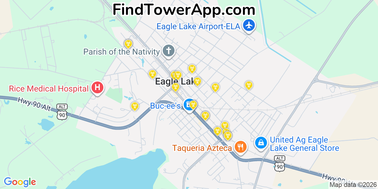 Map showing the 20 primary cell tower locations detected in Eagle Lake, Texas from AT&T, Verizon, and T-Mobile networks