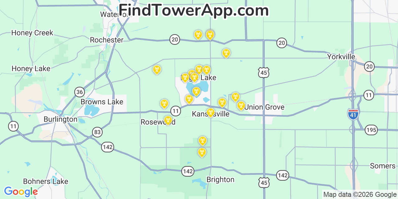 Map showing the 20 primary cell tower locations detected in Eagle Lake, Wisconsin from AT&T, Verizon, and T-Mobile networks