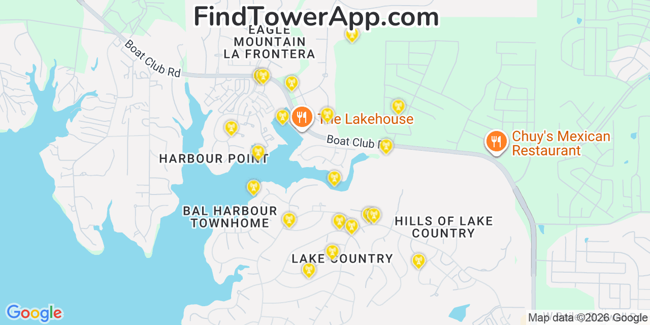 Map showing the 20 primary cell tower locations detected in Eagle Mountain, Texas from AT&T, Verizon, and T-Mobile networks