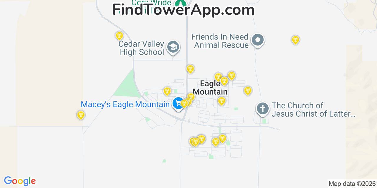 Map showing the 20 primary cell tower locations detected in Eagle Mountain, Utah from AT&T, Verizon, and T-Mobile networks