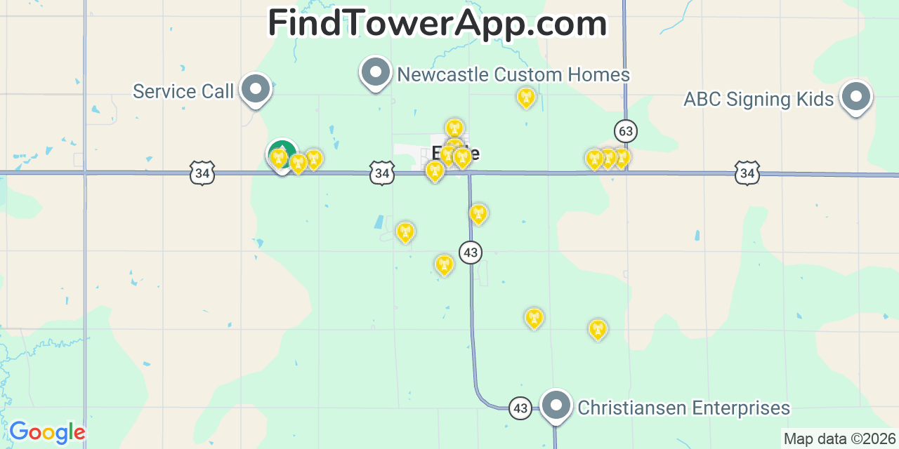 Map showing the 20 primary cell tower locations detected in Eagle, Nebraska from AT&T, Verizon, and T-Mobile networks