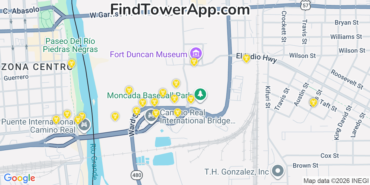 Map showing the 20 primary cell tower locations detected in Eagle Pass, Texas from AT&T, Verizon, and T-Mobile networks