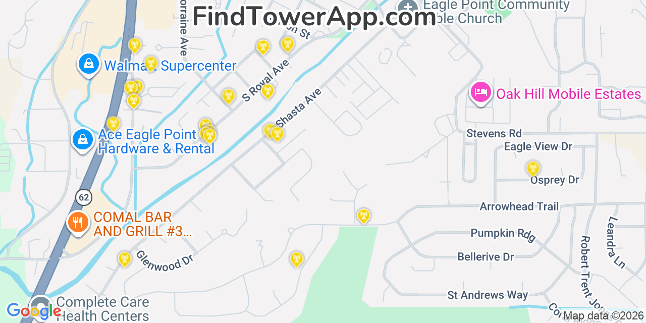 Map showing the 20 primary cell tower locations detected in Eagle Point, Oregon from AT&T, Verizon, and T-Mobile networks